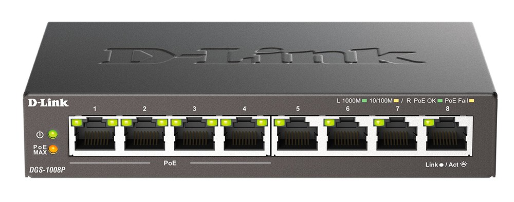 Изображения товара DGS-1008P/F3A - Неуправляемый коммутатор с 8 портами 10/100/1000Base-T (4 порта PoE 802.3af/at, PoE-бюджет 60 Вт), D-Link