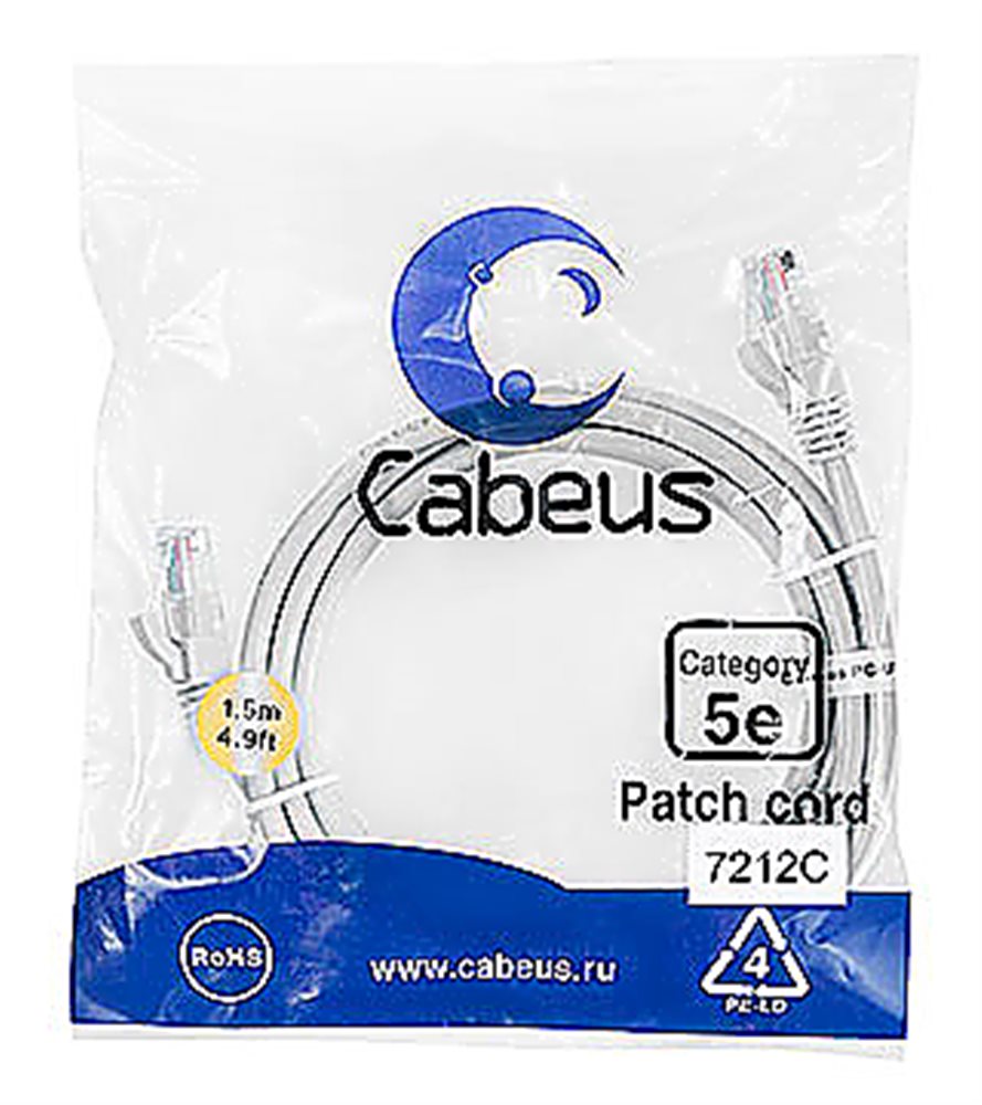 Изображения товара Cabeus PC-UTP-RJ45-Cat.5e-1.5m - Патч-корд U/UTP, категория 5е, 2xRJ45/8p8c, неэкранированный, серый, PVC, 1.5м