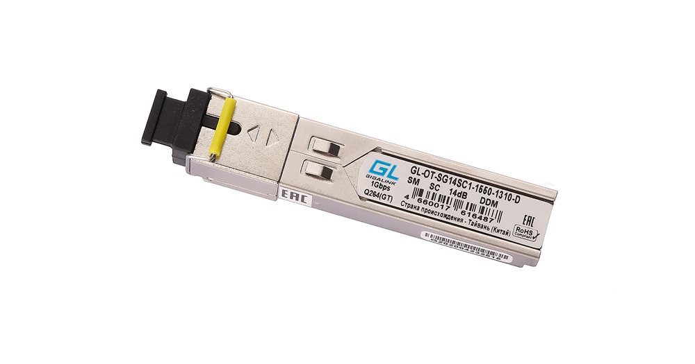 Изображения товара Модуль SFP GIGALINK GL-OT-SG14SC1-1550-1310-D GIGALINK SFP, WDM, 1Гбит/c, одно волокно SM, SC, Tx:1550/Rx:1310 нм,DDM, 14 дБ (до 20 км) BX